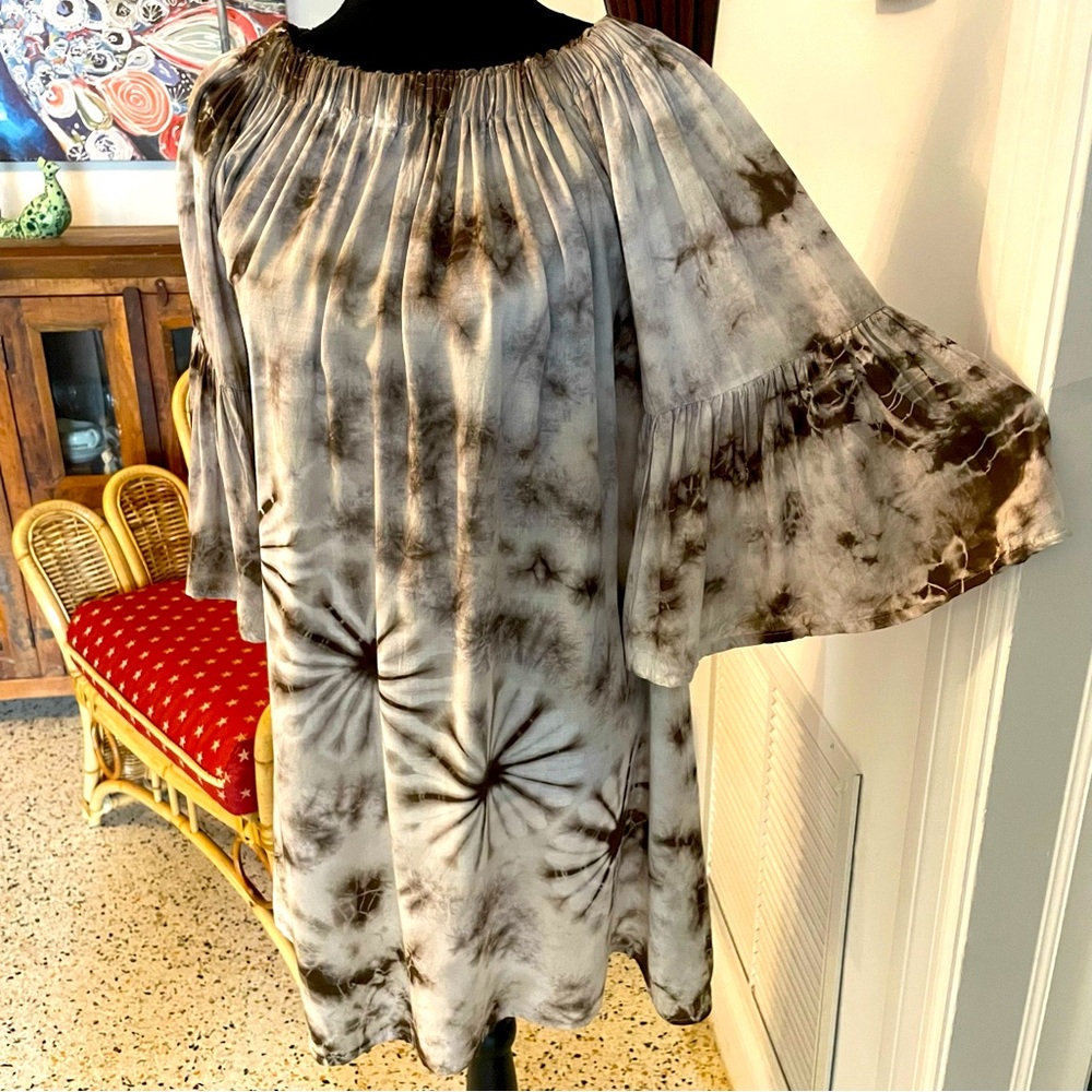 Sacred Threads TIE DYE Boho Brown Woven Rayon Tie Dye Off Shoulder Dress. Medium